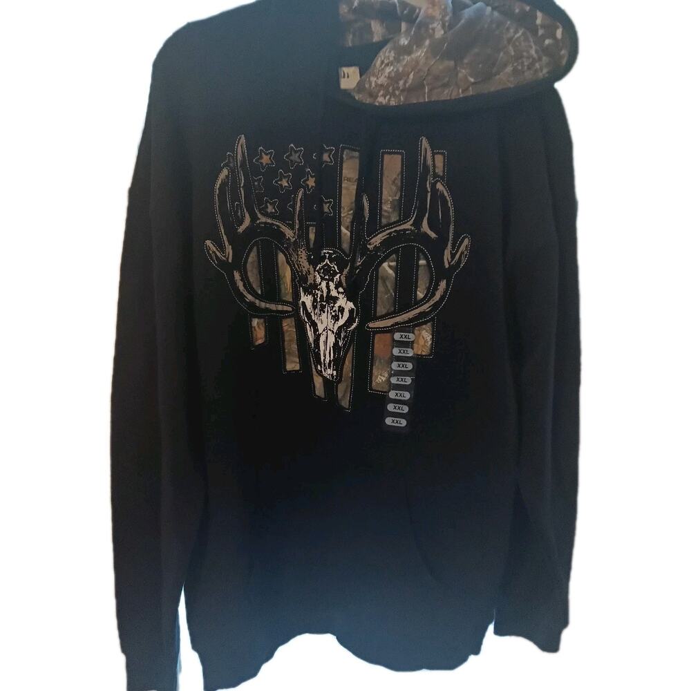 NWT Buckwear Hoodie Black Deer Skull Design Flag Sz. 2 XL